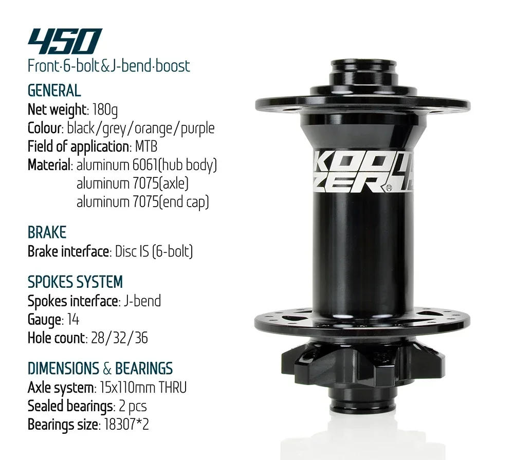 Description Picture 4 of itemKoozer 450 Front Boost cube 28 32 Holes Mtb hubs thru axle TA 15x110mm bike hub 6 Bolts Disc 2 Sealed Bearing Bicycle Hubs