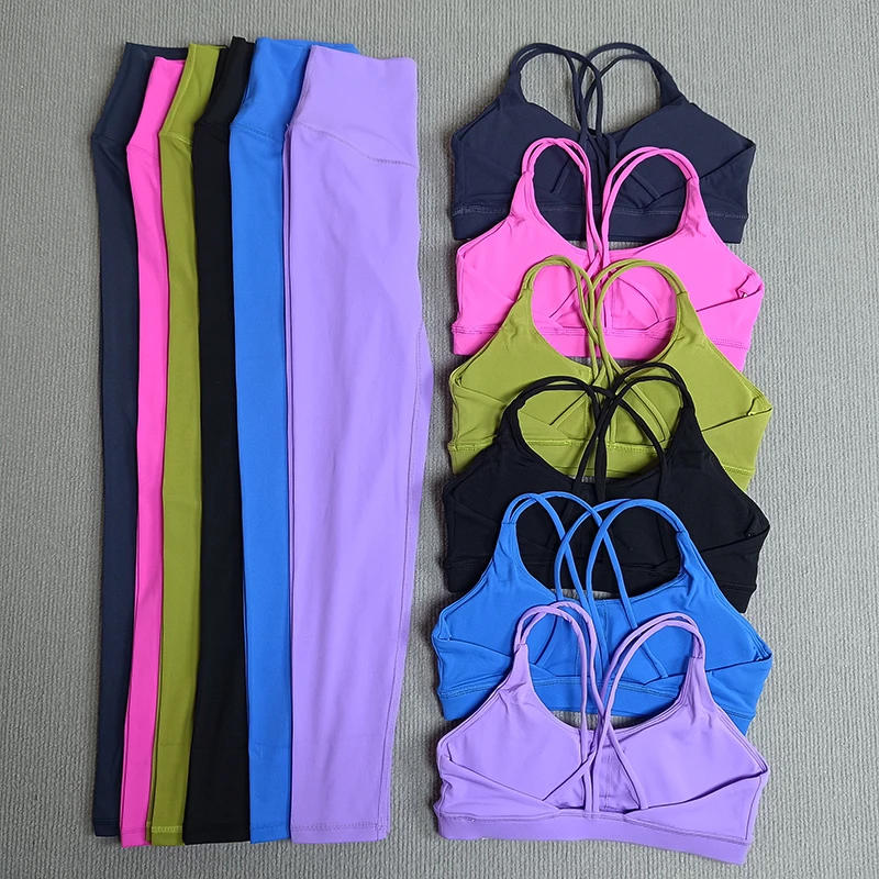 Description Picture 2 of item2 Pcs Gym Tights Yoga Clothes Set Sports Set Women Cross Back Bra Top High Waist Leggings Fitness Suit Running Workout Tracksuit