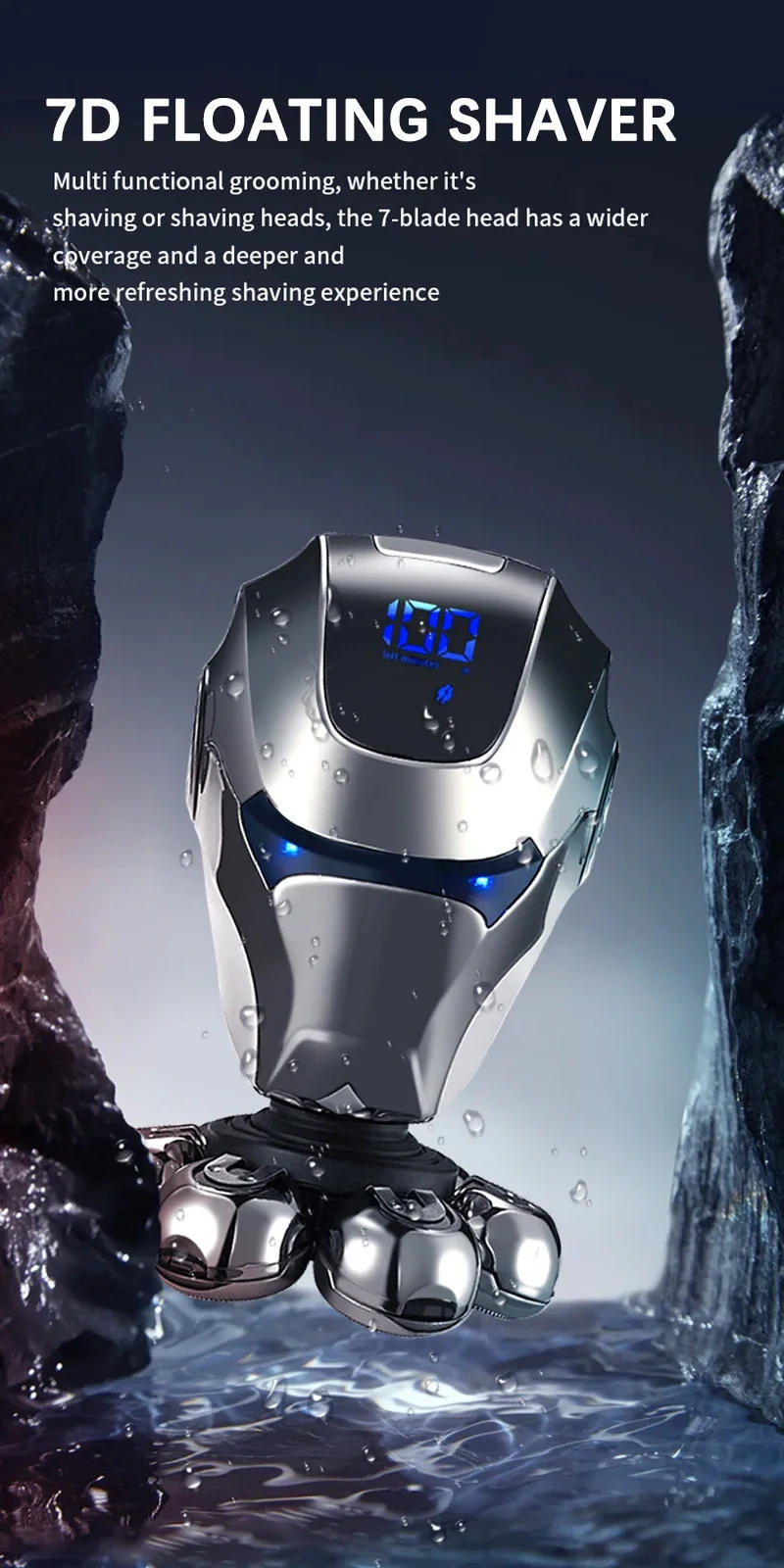 Description Picture 4 of item5-IN-1 Men Rechargeable Bald Head Electric Shaver 7D Floating Blade Head Beard Nose Ear Hair Trimmer Razor Clipper Facial Brush