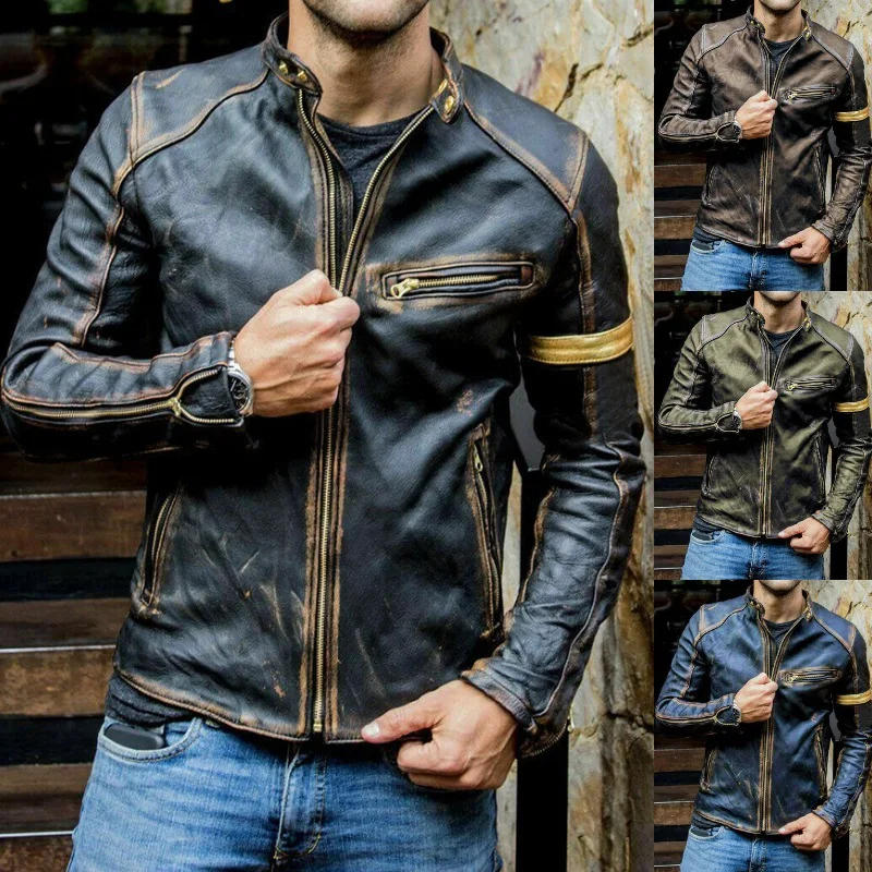 Description Picture 3 of item2024 New Men's Wear Worn Motorcycle Leather Jacket Men's Youth Standing Collar Punk Leather Coat
