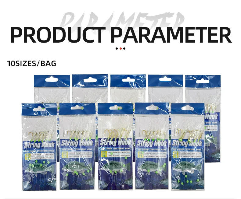 Description Picture 3 of item10pcs/bag 6 Hooks Luminous Sabiki Rigs Saltwater Real Fish Skin String Hook Mackerel Feathers Fishing Lures Set Fishing Bait