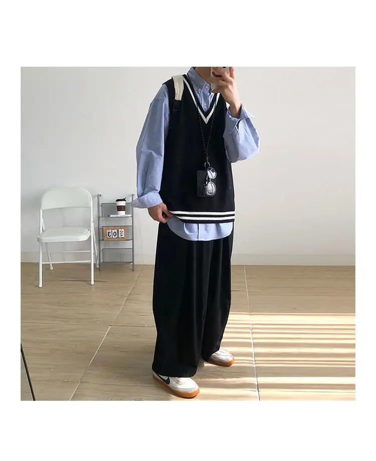 Description Picture 3 of itemSweater Vest Men Spring V-neck Japanese Vintage Striped College Knitted Fashion Loose All-match Sleeveless Simple Clothing B272