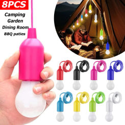 8Pcs Portable LED Pull String Light Bulb Battery Operated Retro Camping Light Bulb Pull Cord Light for Camping Parties