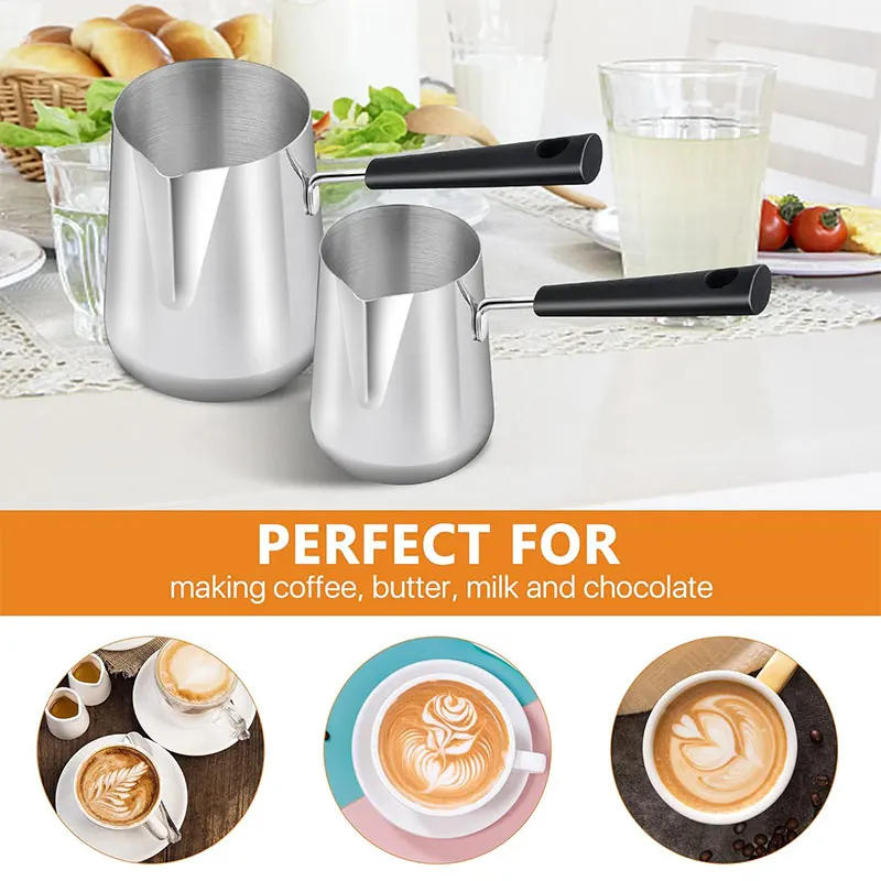 Description Picture 6 of itemLong Handle Turkish Coffee Pot with Pouring Spout Stainless Steel Milk Butter Warmer Pot Stovetop Chocolate Melting Pan