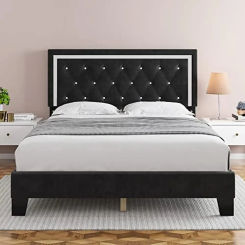 Upholstered Queen Bed Frame Modern Style Adjustable Headboard Wooden Platform Sturdy Construction No Box Spring Needed Quiet