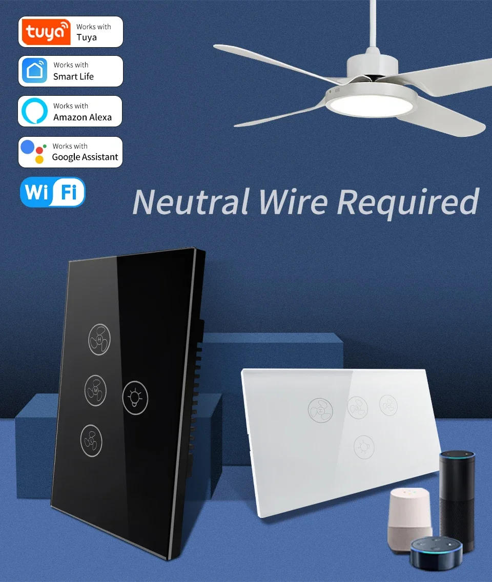 Description Picture 2 of itemTuya Smart WiFi Ceiling Fan Light Switch Interruptor With Neutral Wire Speed Adjust Voice Control Works With Alexa Google Home