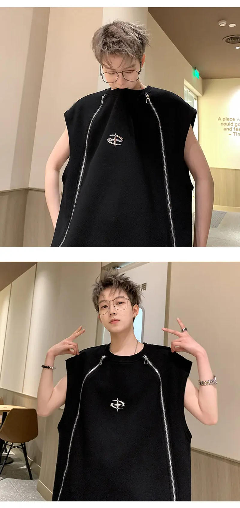 Description Picture 3 of itemFEWQ Men Shoulder Pad T-shirt Darkwear Summer New Top Zipper Design 2024 Metal Decoration Sleeveless Vest Korean Fashion