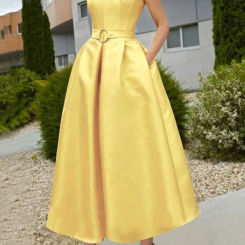 Women's Chic Elegant Long Dress Belted A-line Party 2024 New Summer Sleeveless V-neck Midi Dresses for Lady