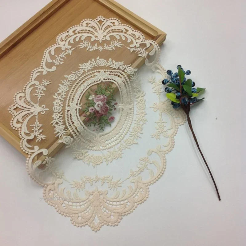 Description Picture 2 of item1PC European Oval Lace Embroidery Placemat Bedroom Study Kitchen Cup Table Mat Food Fruit Plate Cover Cloth Decoration