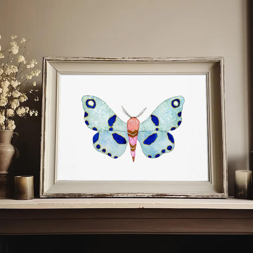 Description Picture 4 of itemWatercolor Bug Butterflies Moths Poster Print Pastel Insect Canvas Painting Nature Wall Art Picture Nursery Kids Room Decor