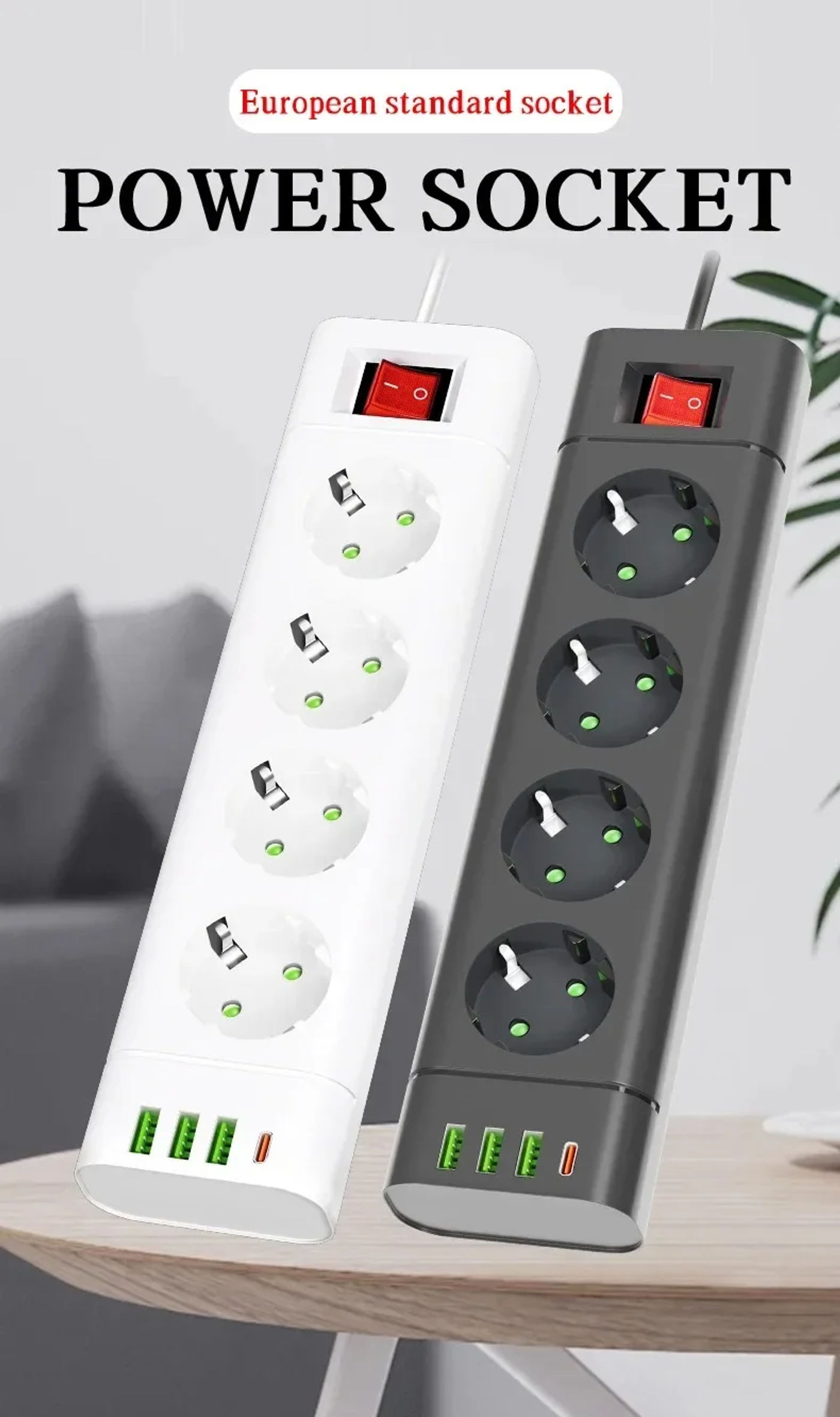 Description Picture 2 of itemEU Plug Power Strip DC Outlet Extension Cord 3/4/5 Electrical Socket with 3 USB Type-C Port 2500W Multicontact Home Appliance
