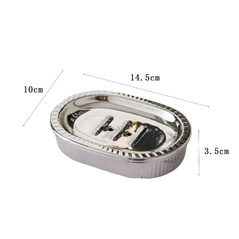 Description Picture 3 of itemSelf Draining Ceramic Soap Rack Detachable Oval Double Layered Soap Dish Silvery Drain Hole Bathroom Soap Holder Household