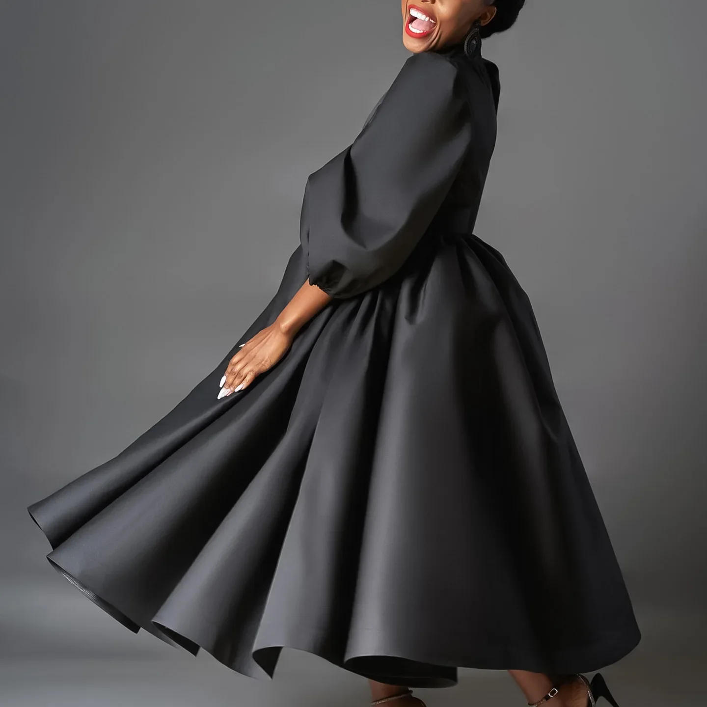 Description Picture 6 of itemPuff Sleeve Elegant A-Line Pleated Dress Eevning Satin Fashion Wedding Guest Cocktail Long Dress Vintage Dress with Belt