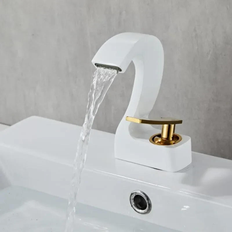Description Picture 5 of itemBathroom Faucet Solid Brass White & Gold  Bathroom Basin Cold And Hot Water Mixer Sink Tap Single Handle Deck Mounted Tap