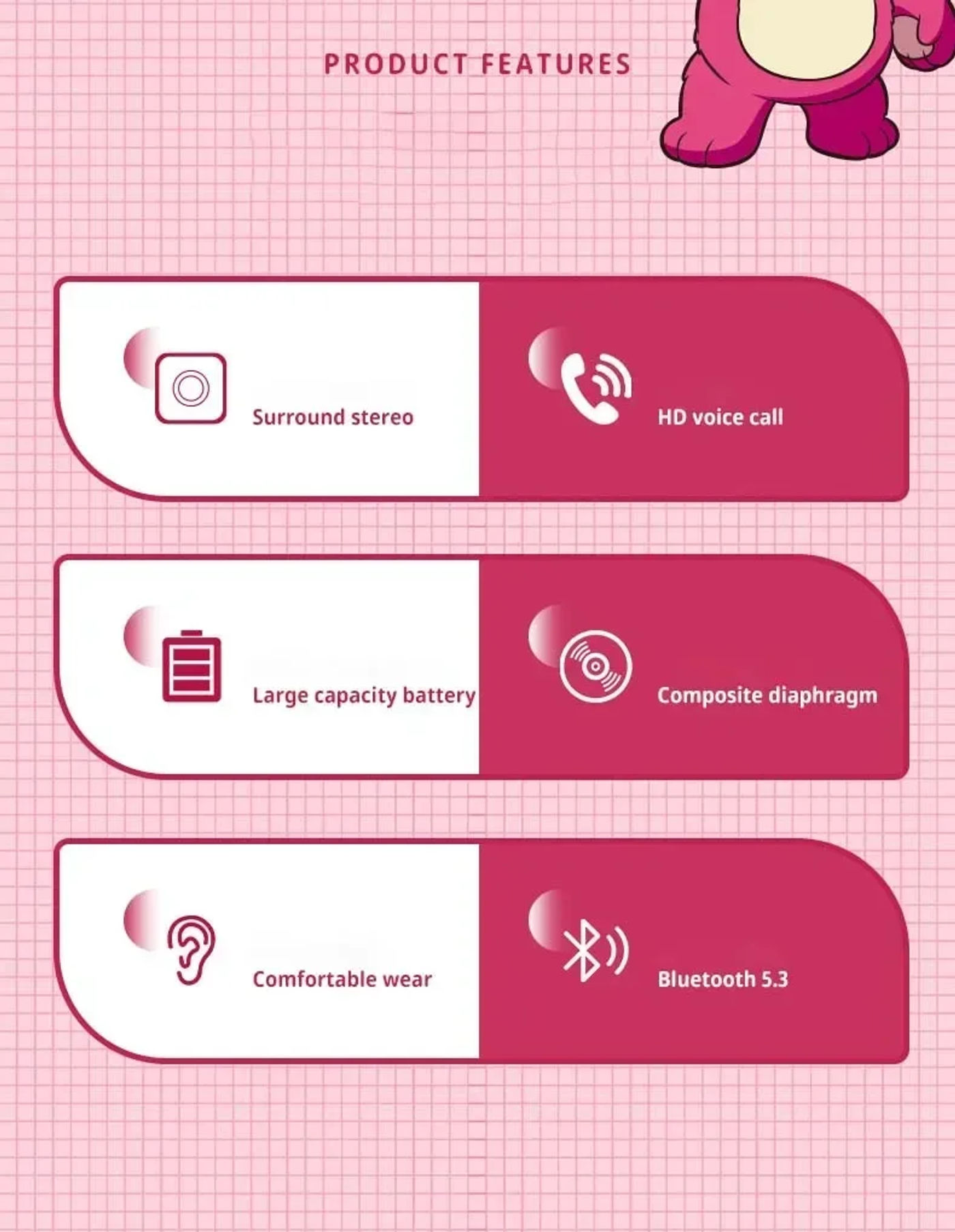 Description Picture 3 of itemDisney OWS Earphones Bluetooth Wireless Lotso Earbuds HIFI Stereo HD Call Sports Gaming Headset Noise Reduction Long Standby
