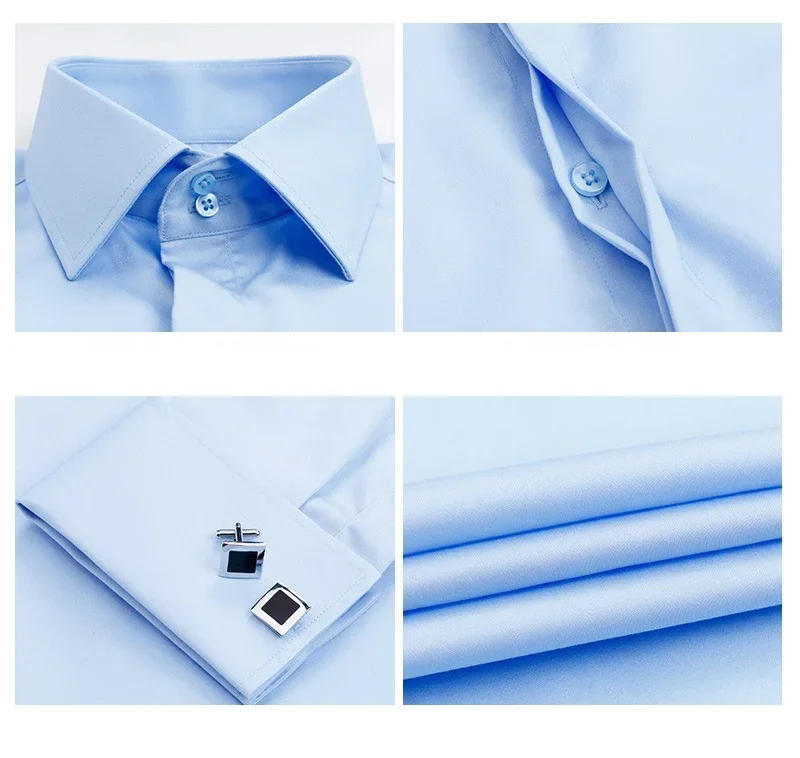 Description Picture 5 of itemNew Cotton Men's French Cuff Dress Shirts Covered Button Luxury Men Party Wedding Business Formal Long Sleeve Shirt High Collar