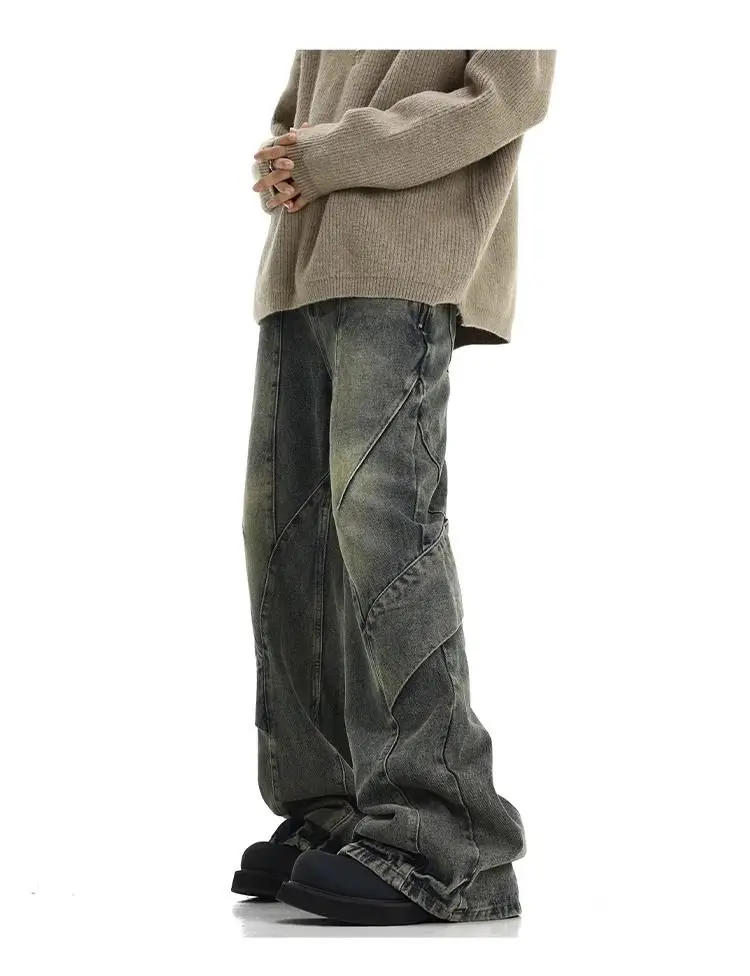 Description Picture 4 of itemAmerican street trend retro yellow mud washed jeans men high street patchwork irregular design drape feeling micro flared pants