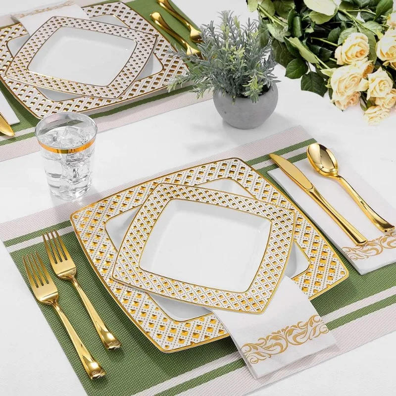Description Picture 6 of item175 Piece Gold Dinnerware Set for 25 Guests- Square Plastic Plates with Diamond- Including Disposable 25 Dinner Plates