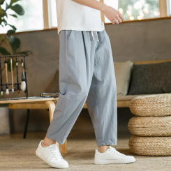 Men Ninth Pants Loose Straight Men Pants Drawstring Elastic Waist Casual Sweatpants Plus Size Ankle LengthDaily Long Trousers