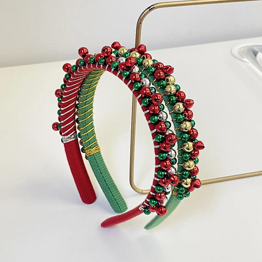 Description Picture 2 of itemNew Red Green Christmas Headband Women's Simple Thin Edges Flannel Jingling Bell Beaded Winding Holiday Hair Accessories