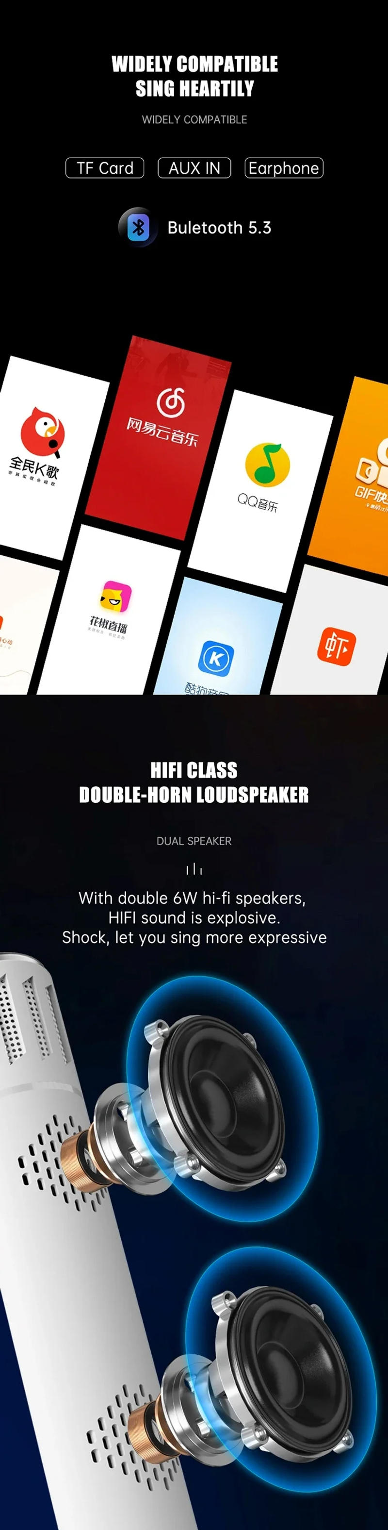 Description Picture 6 of item2 in 1 Karaoke Wireless Microphone Handheld Singing Mic With Bluetooth Speakers Portable Condenser for Phone Car Support TF Card