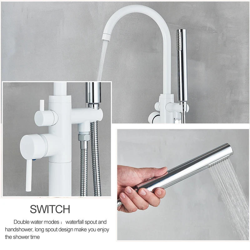 Description Picture 5 of itemSenlesen White Floor Mounted Bathtub Shower Faucet Dual Handle Freestanding Swivel Spout Bathroom Faucet Hot Cold Mixer Crane