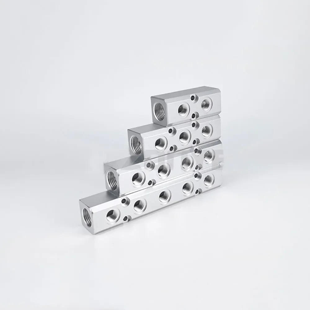 Description Picture 4 of item30x30mm 40x40mm WxH 1/2" inlet to 1/4" Outgassing Female 2 3 4 -7 8 10 Ways Solid Aluminum Pneumatic Air Manifold Block Splitter