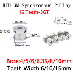 HTD3M 16 Tooth Timing Pulley 3M Hole 4 5 6 6.35 8 10mm Synchronous Pulley Belt Width 6/10/15mm 16T Pitch 3mm Pulley