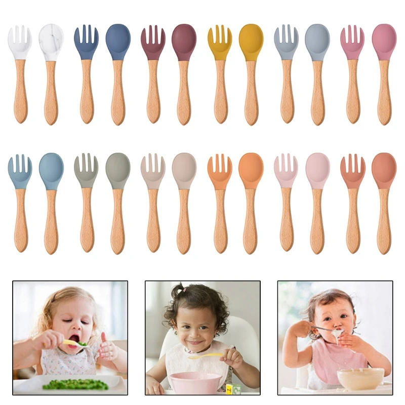 Description Picture 6 of item2PCS/Set Baby Feeding Spoon Fork Wooden Handle Spoon Fork Set Soft Silicone Tip Spoon Fork BPA Free Food Grade Infant Toddlers