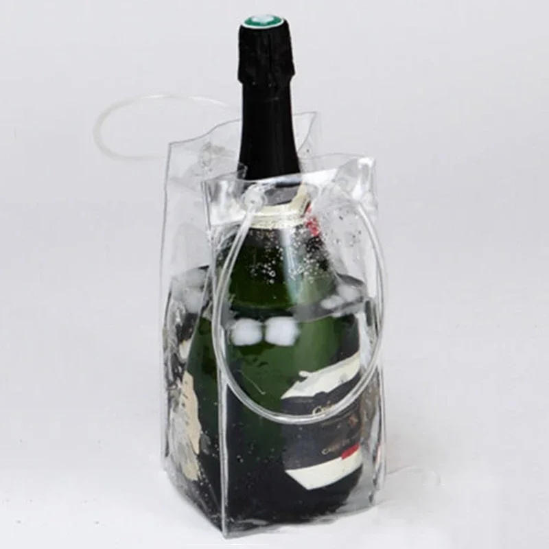 Description Picture 3 of item1pcs Ice Bag Wine Beer Champagne Bucket Drink Bottle Cooler Chiller Foldable Carrier Clear PVC Transparent Ice Wine Bag