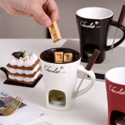 Mini Fondue Set with Candle and fork Ceramic Fondue Pot Cheese Chocolate Melting Hot Pot Butter Warmer Chocolate Melting Cup