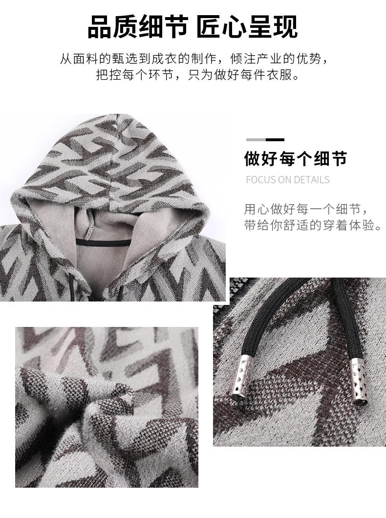 Description Picture 6 of item2024 Men's Clothing Autumn Winter Knit Jackets Printed Mink Wool Fleece Thick-knit Warm Hooded Coat Mens Sweater Cardigan Coat