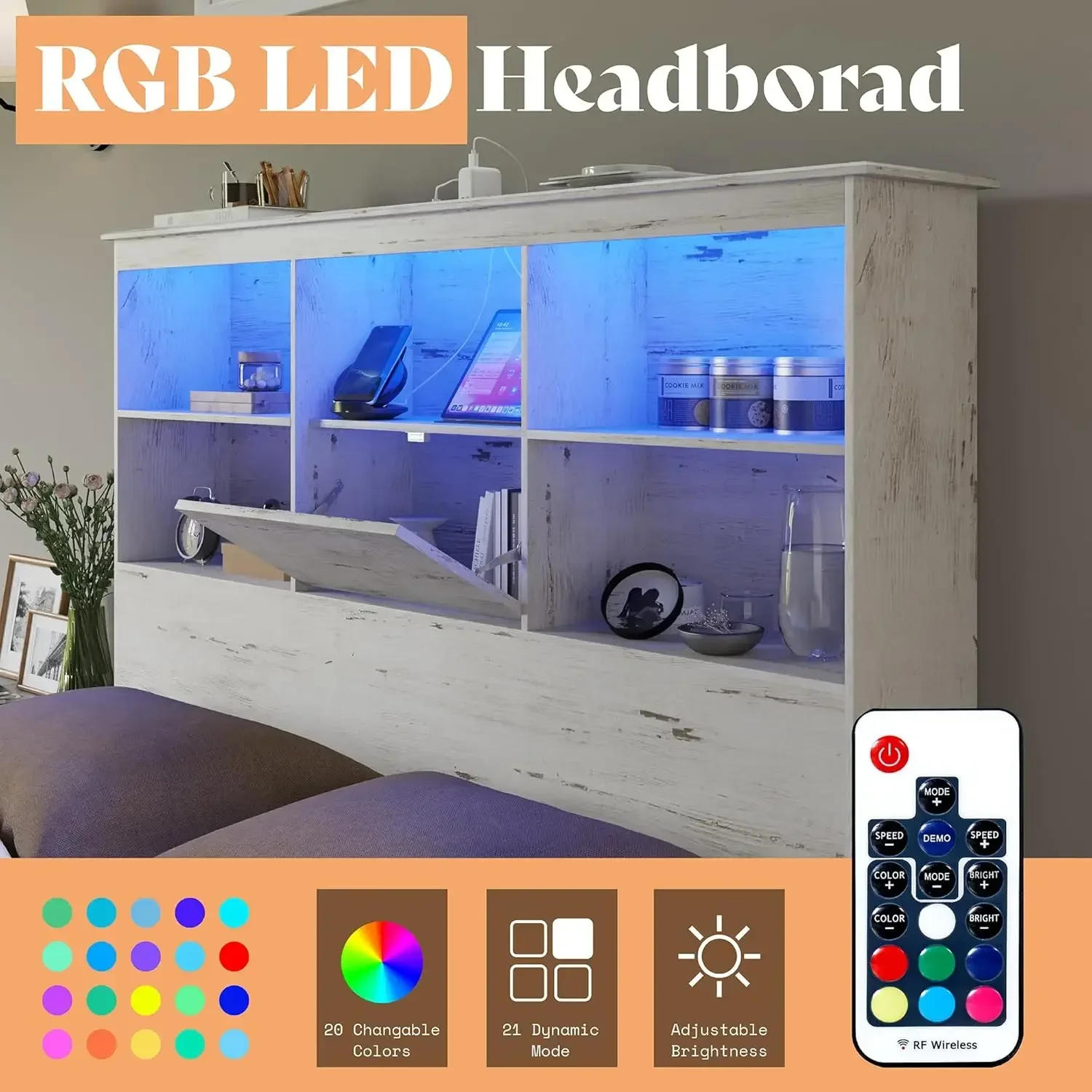 Description Picture 5 of itemQueen Size Bed Frame Wooden Platform Bed with 51.2" LED Storage Bookcase Headboard, 4 Storage Drawers & Charging Station, White