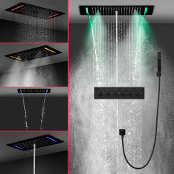 304SUS Black Surface RGB LED Shower Head Set System Thermostatic Valve Diverter SPA Mist Waterfall Shower Spout Panel Kit