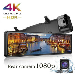 4K Rear View Mirror Camera, 12" Dash Cam, FHD Full Touch Screen Built-in WiFi & GPS Car Driving Recorder Cam, 3840P Front and Re