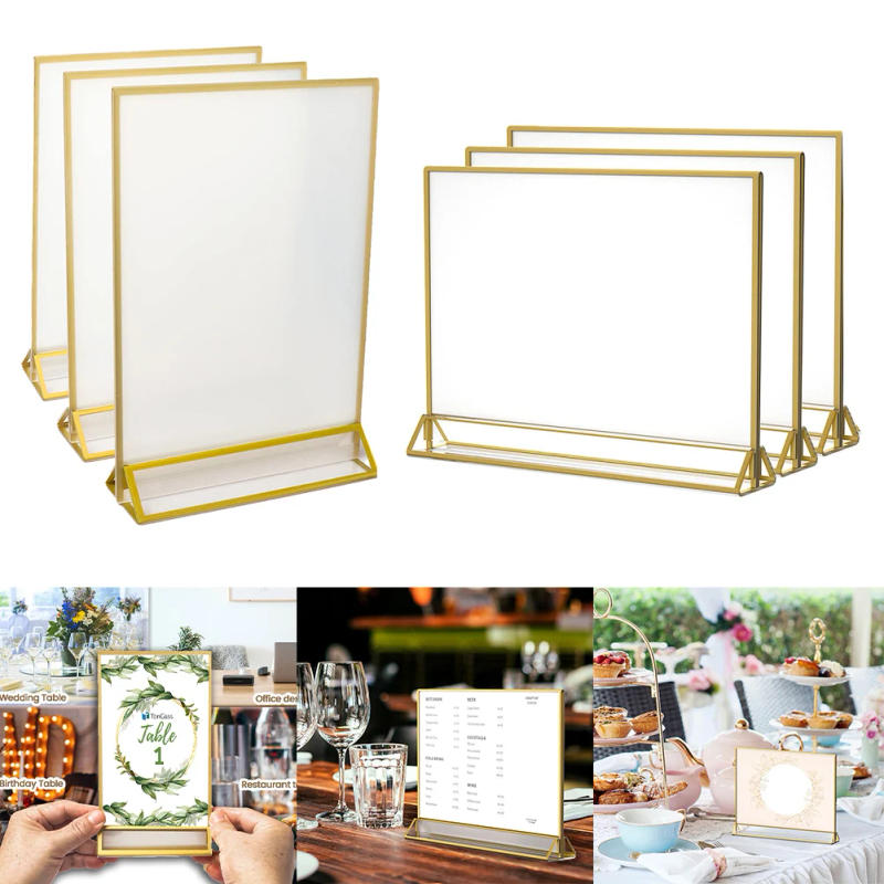Description Picture 2 of itemGold Borders Acrylic Sign Holder Picture Frame Display Stand Clear Paper Holder Table Menu Stands For Wedding Restaurants