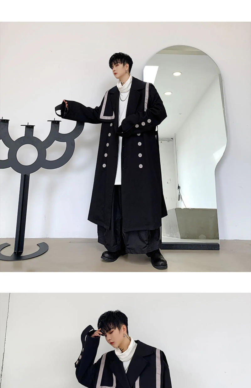 Description Picture 5 of itemPFNW Winter Spring Dark Style Men's Trench Personality Turn-down Collar Ribbon Male Long Windbreaker Coat Patchwork Tide 9C3756