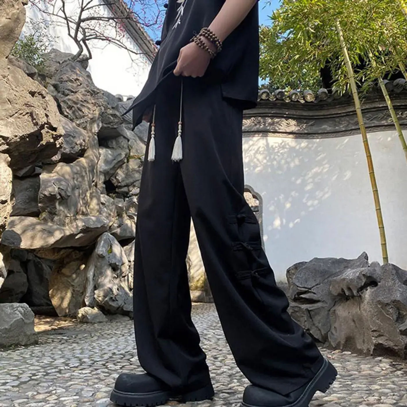 Description Picture 5 of itemMen Pants Chinese Style Tassel Knot Decor Straight Wide Leg Loose Drawstring Elastic Waist Solid Color Pockets Retro Full Length