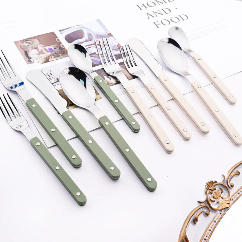 Description Picture 6 of itemBeige Silver 4/16Pcs Dinnerware Acrylic Handle Knife Fork Spoon Set Stainless Steels Cutlery Set Western Dinner Kitchen Flatware
