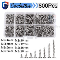 800Pcs M2 Carbon Steel Screws, Cross Drive Flat Head Self Tapping Screws Kits for Machine Woodworking Fastener Lnegth 4-20mm