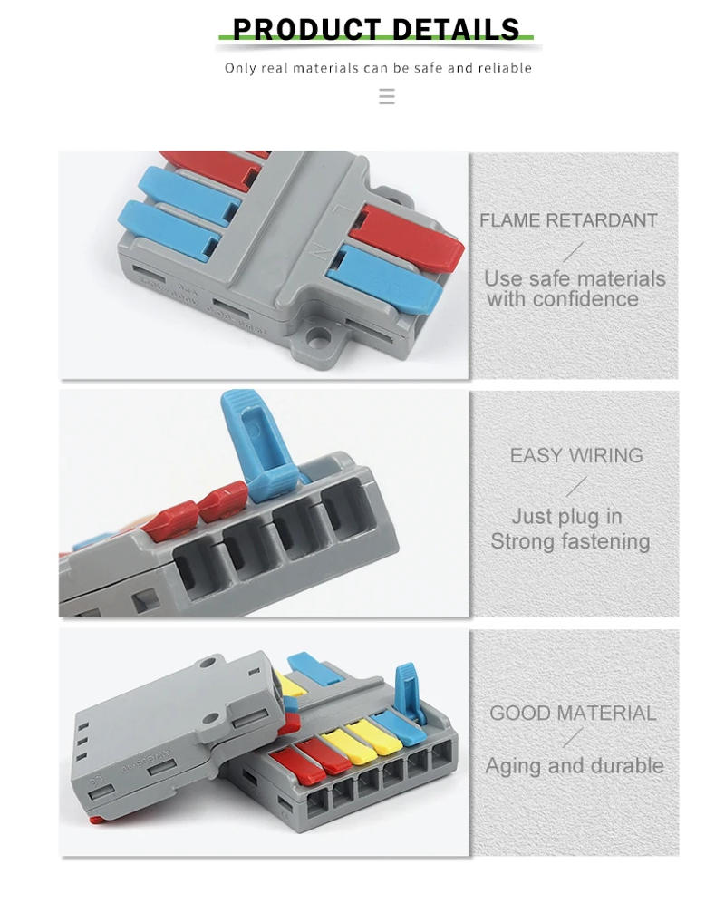 Description Picture 4 of itemQuick Wire Connector Universal Plug-in parallel Cable 4/6Pin Butt Home Terminal Block 1 In Multiple Out Junction Box 35-10AWG