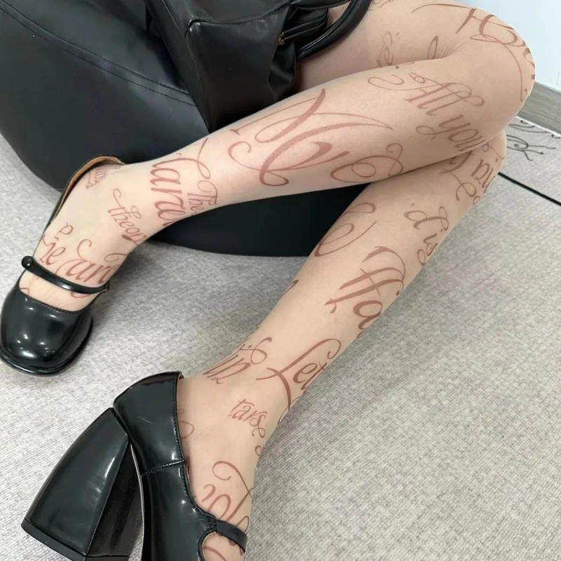 Description Picture 4 of itemWomen Sexy English Printed Stockings Lolita Pantyhose Punk Letter Tattoo Tights Cosplay Lace Fishnets Tights Party Accessories