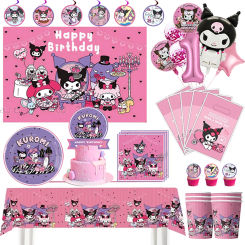 Kawali Kuromied Party Supplies Disposable Cups Plates Tablecloth Ballons Cake Topper for Kids Girls Birthday Party Decorations