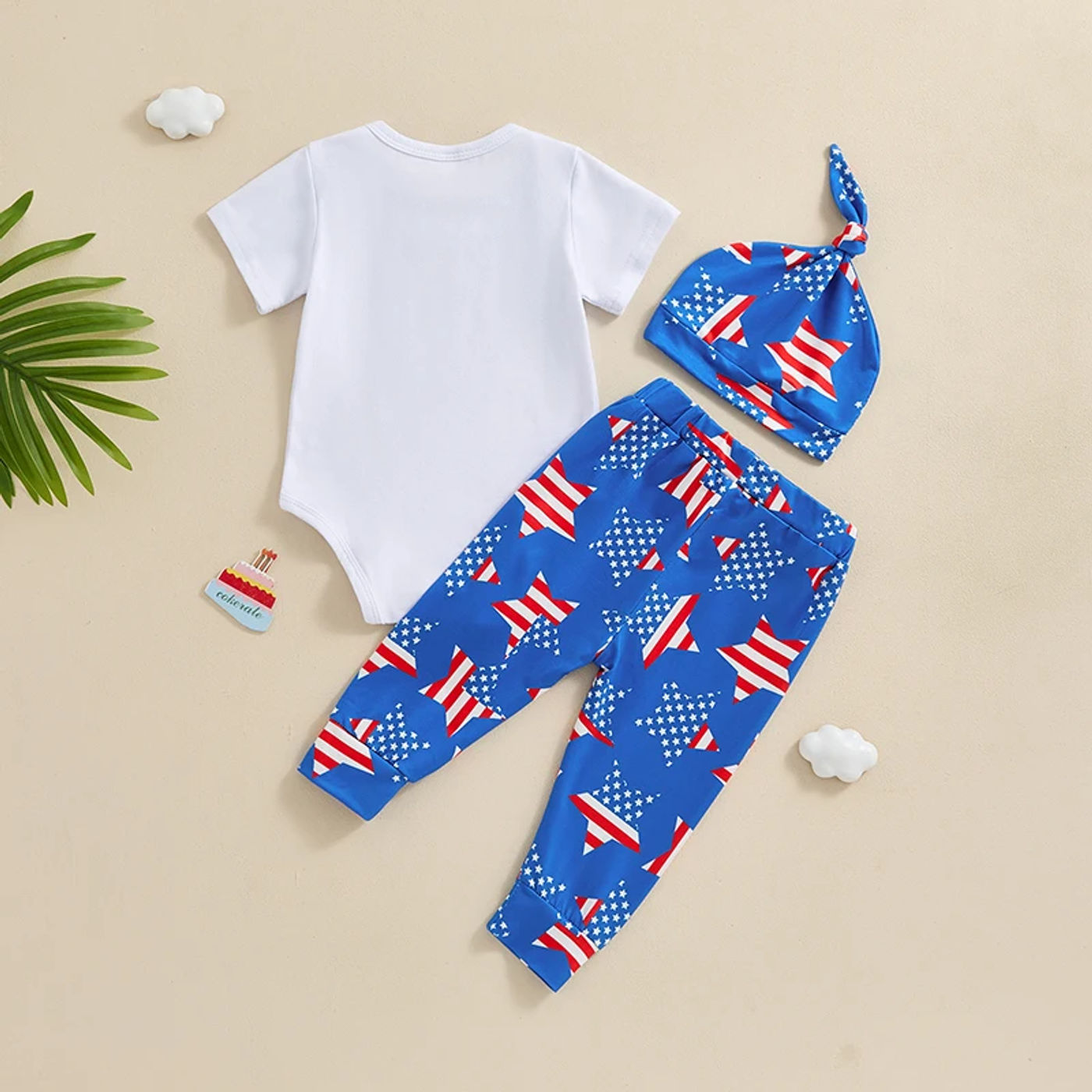Description Picture 3 of itemBaby Boys 4th of July Outfits Short Sleeve Romper Star Print Pants Hat Set Infant Clothes