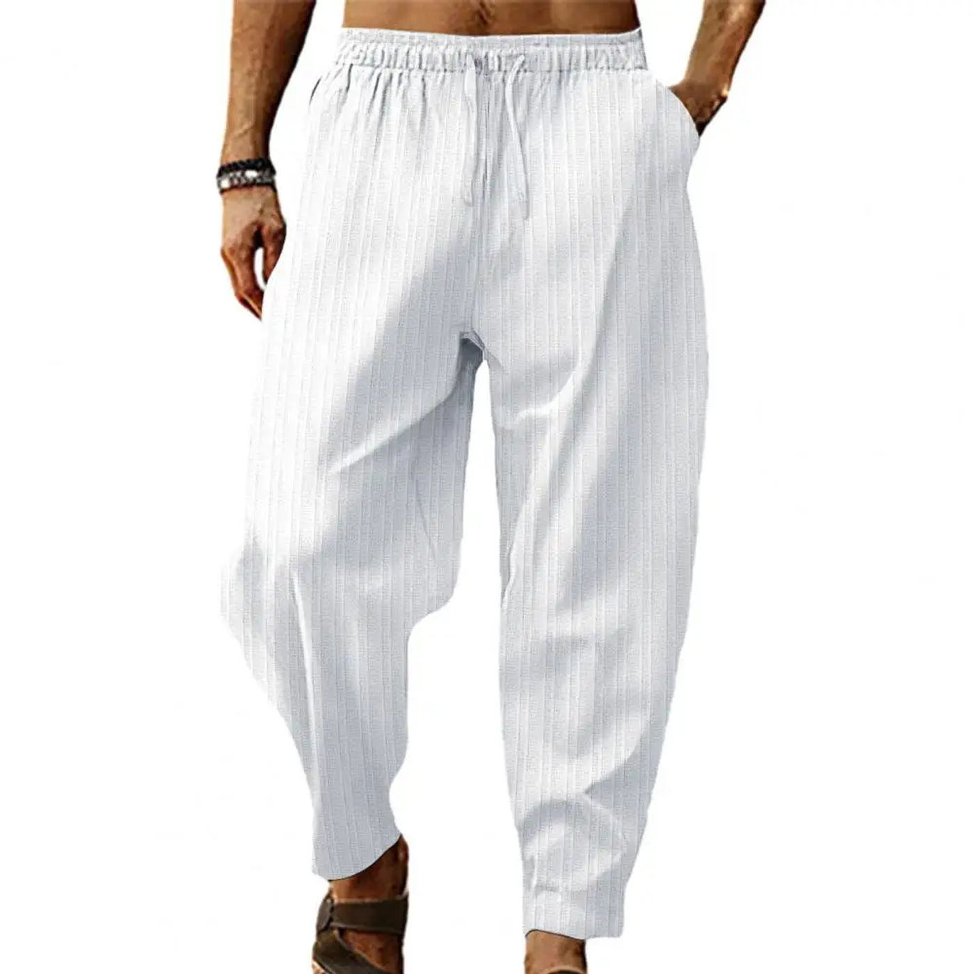 Description Picture 4 of itemElasticated Waistband Pants Men's Wide Leg Striped Sweatpants with Elastic Waist Deep Crotch for Sports Leisure Soft Breathable