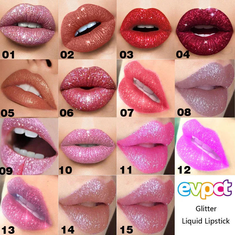 Description Picture 4 of item15 Color Glitter Liquid Lipsticks Shimmer Shiny Lipgloss Pearlescent Lip Tint Waterproof Long Lasting Matte Diamond Lips Glaze