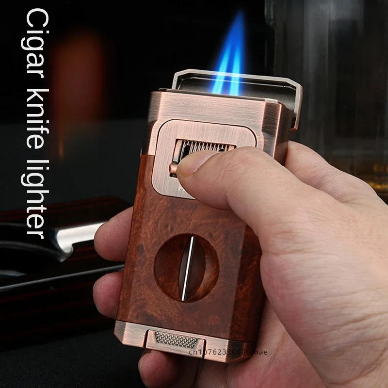 Description Picture 3 of itemHonest New Deluxe Cigar Lighter with V Shape Blade Cigar Holder Double Nozzle Flame Butane Refillable Torch Lighter Smoker Gift