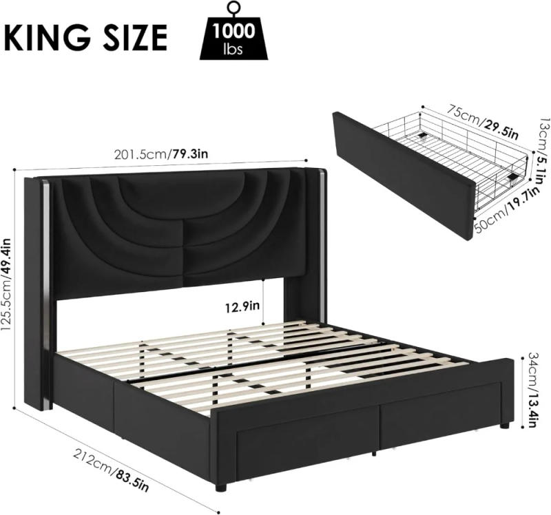 Description Picture 2 of itemKing Upholstered LED Bed Frame with 2 Storage Drawers, Velvet Platform Bed with Wingback Headboard, Solid Wooden Slats Support