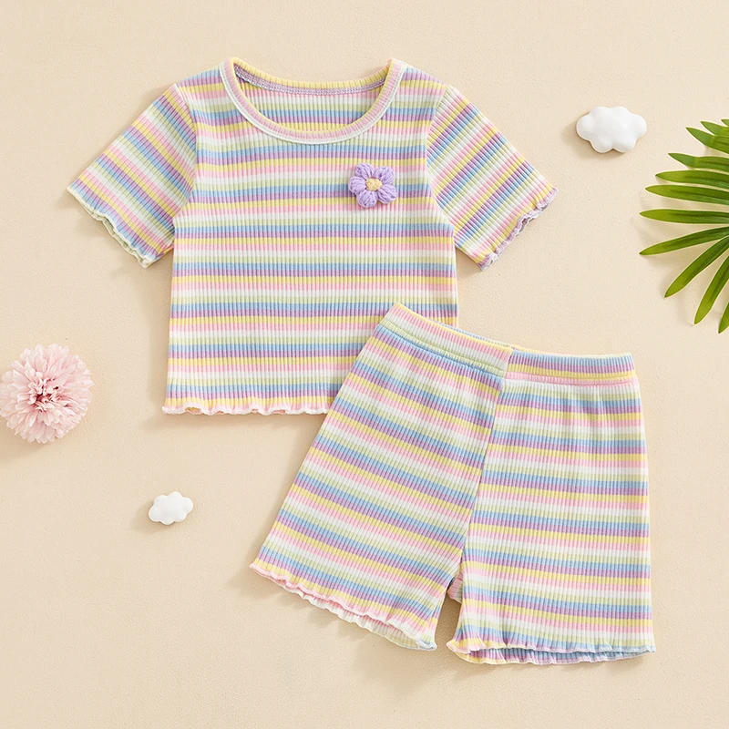 Description Picture 2 of itemKids Girls Shorts Set Striped Short Sleeve Crew Neck Flower T-shirt with Shorts Summer Outfit