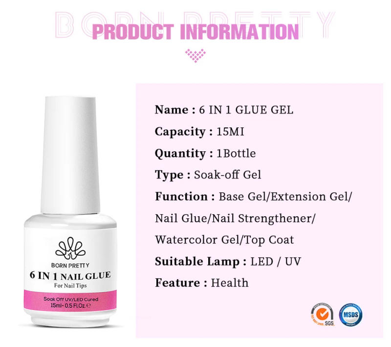 Description Picture 3 of itemBORN PRETTY 15ml 6 IN 1 Nail Glue Gel Nail Polish Transparent Clear Function UV Gel looming Gel Strengthener Extension Varnish